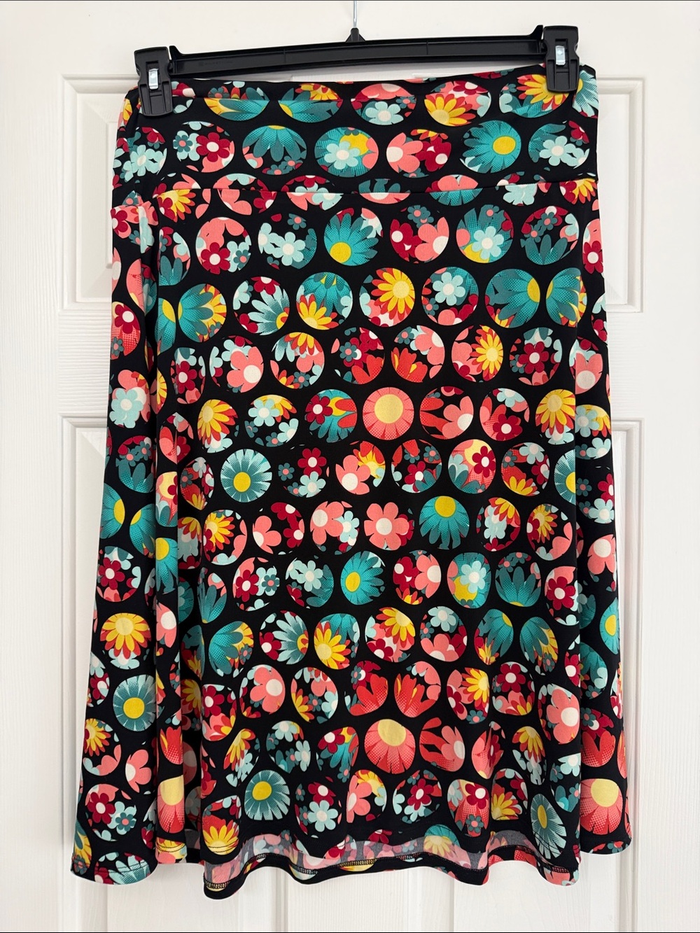 LuLaRoe Black A-Line Skirt with Coral, Teal, Yellow & Mint Floral Circles